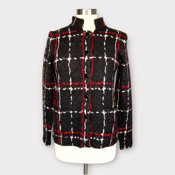 Adrienne Vittadini Womens Black Red Plaid Button Up Cardigan Jacket size S - Picture 1 of 11